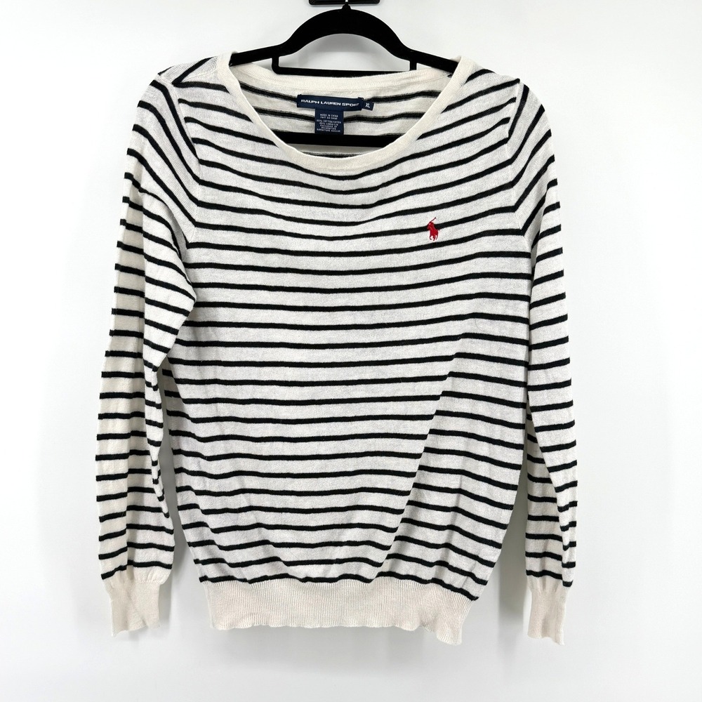 Ralph Lauren Sport Sweater Striped Linen Blend XL White Womens Nautical Preppy